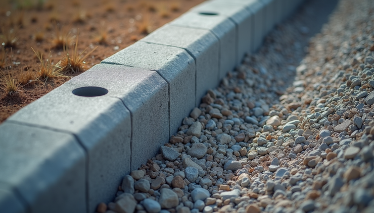 High angle view of a retaining wall with gravel backfill and drainage pipe