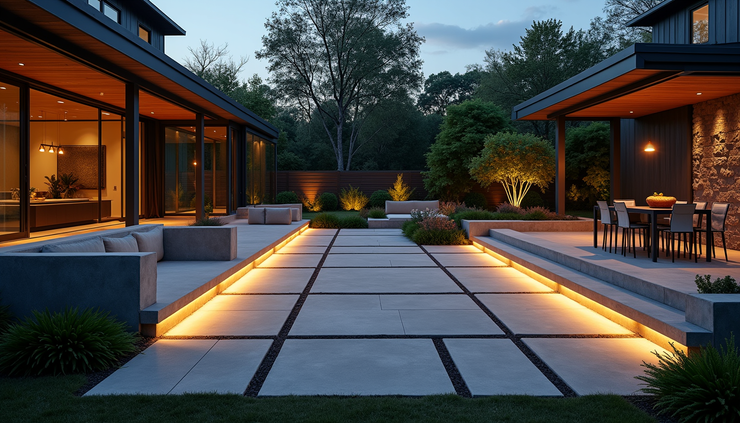 Eye-level view of a modern backyard patio with stone pavers and built-in seating