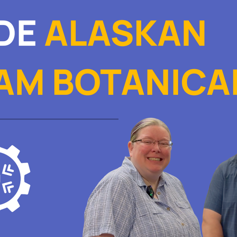 Title card reading Inside Alaskan Dream Botanicals with two smiling hosts on a blue background and a white gear logo.