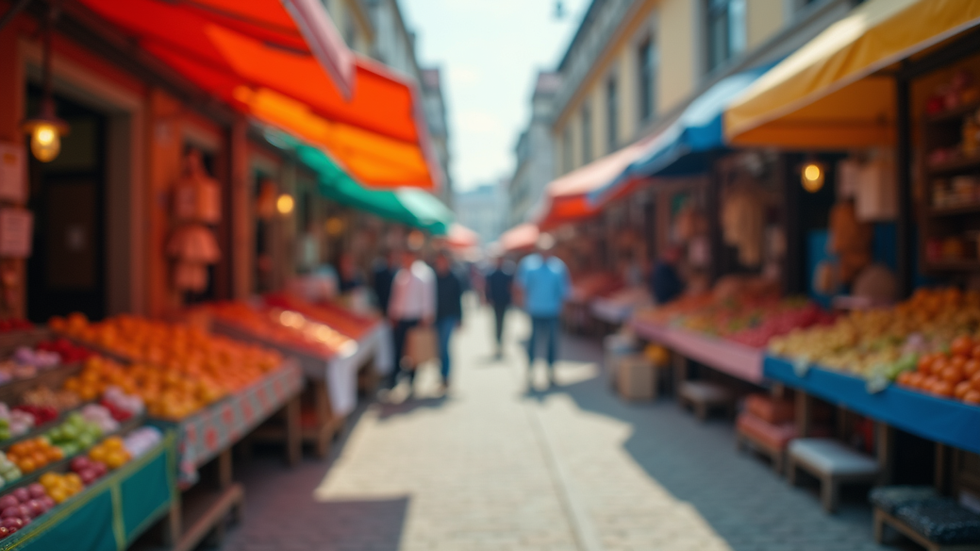 Eye-level view of a vibrant outdoor market with colorful stalls