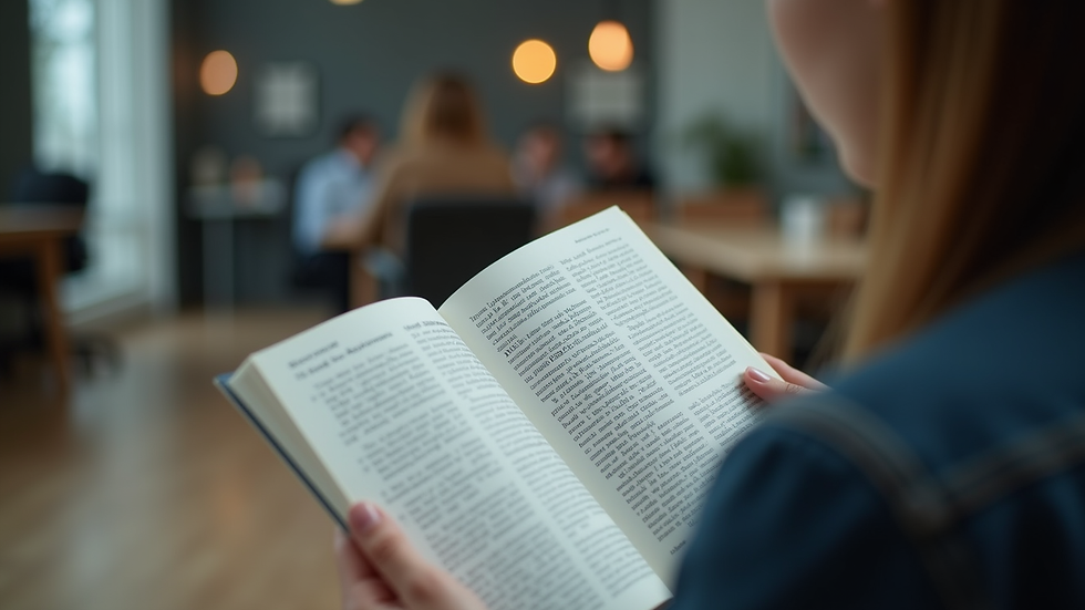 Eye-level view of a person reading a book on industry trends