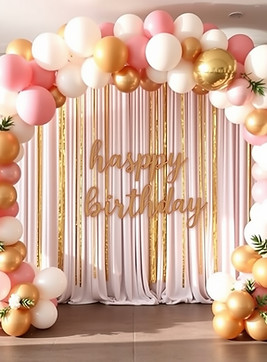 Create a balloon arch for birthday party with rose pink and gold and white balloons natura
