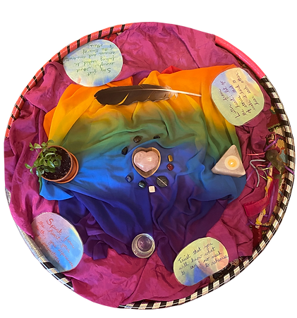 Sacred circle featuring items for the four directions and elements used to foster mindfulness, grounding, and connection