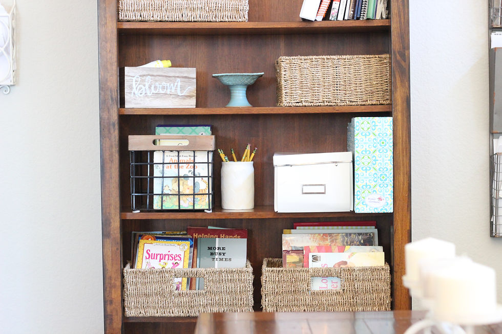 A homeschool book case with books and pencils