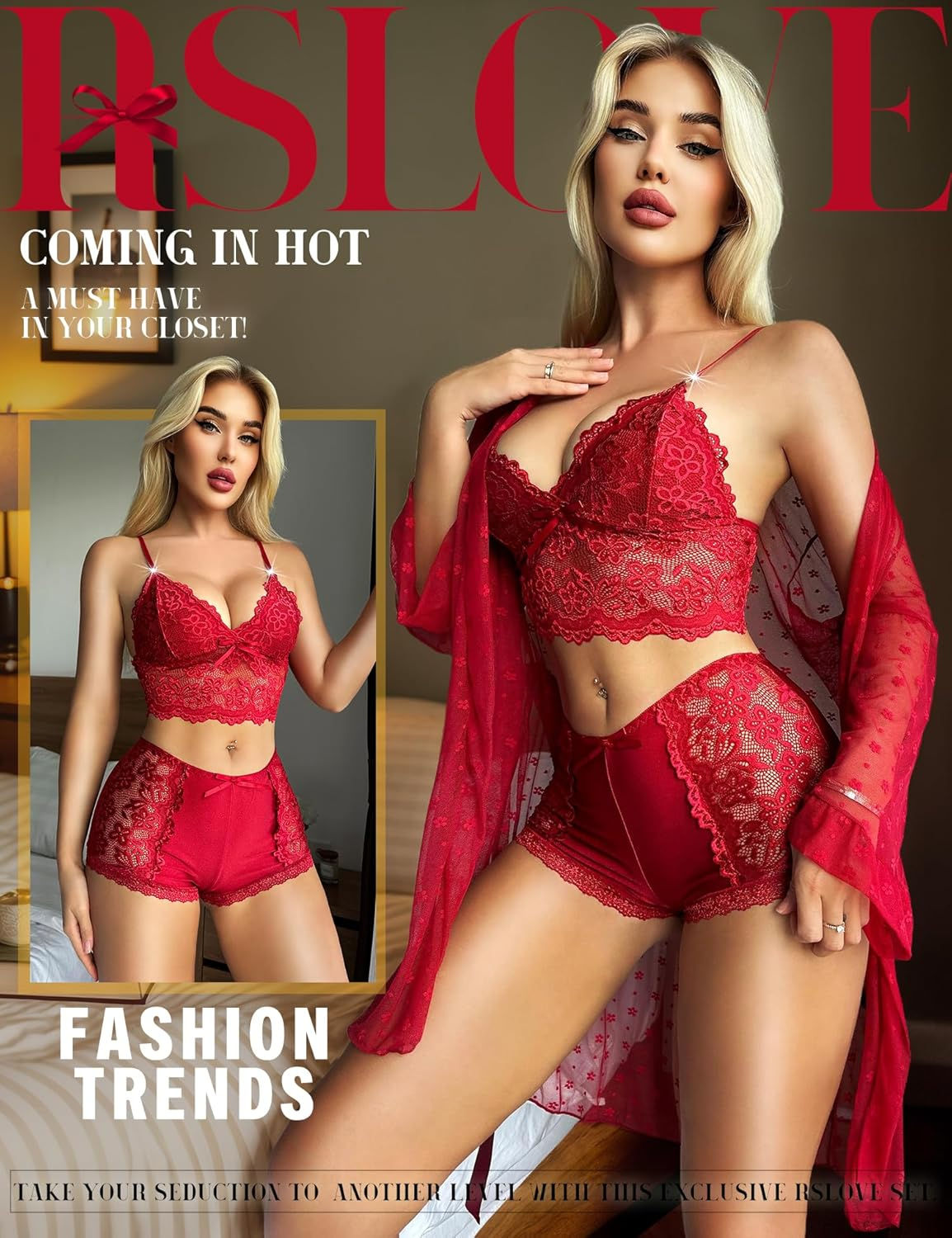 RSLOVE Sexy Lingerie Robe Set - 3 Piece Women's Lingerie Lace Floral Robe with 