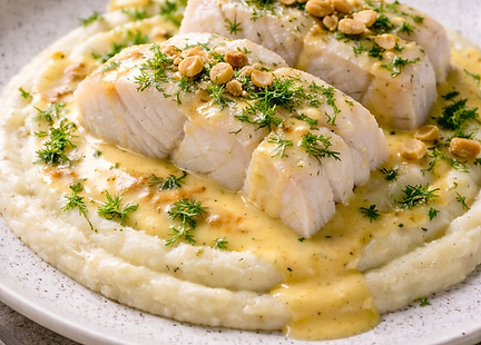 bloemkoolpuree met gestoomde vis en mosselsabayon