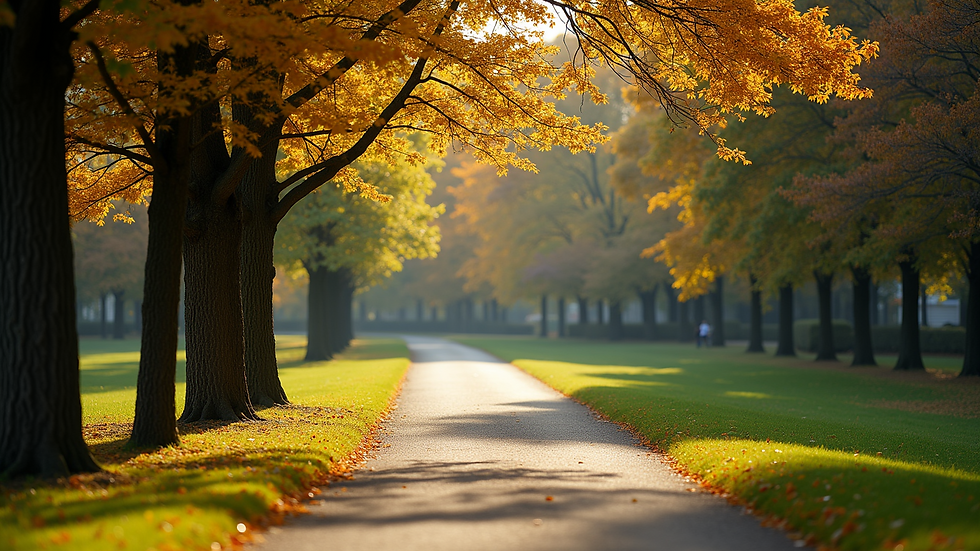 Wide angle view of a serene running path in the park