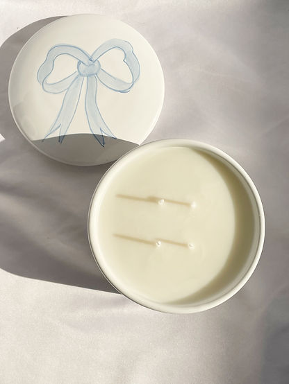 Trinket Box with Blue Painted Bow on Lid, Poured with Candle