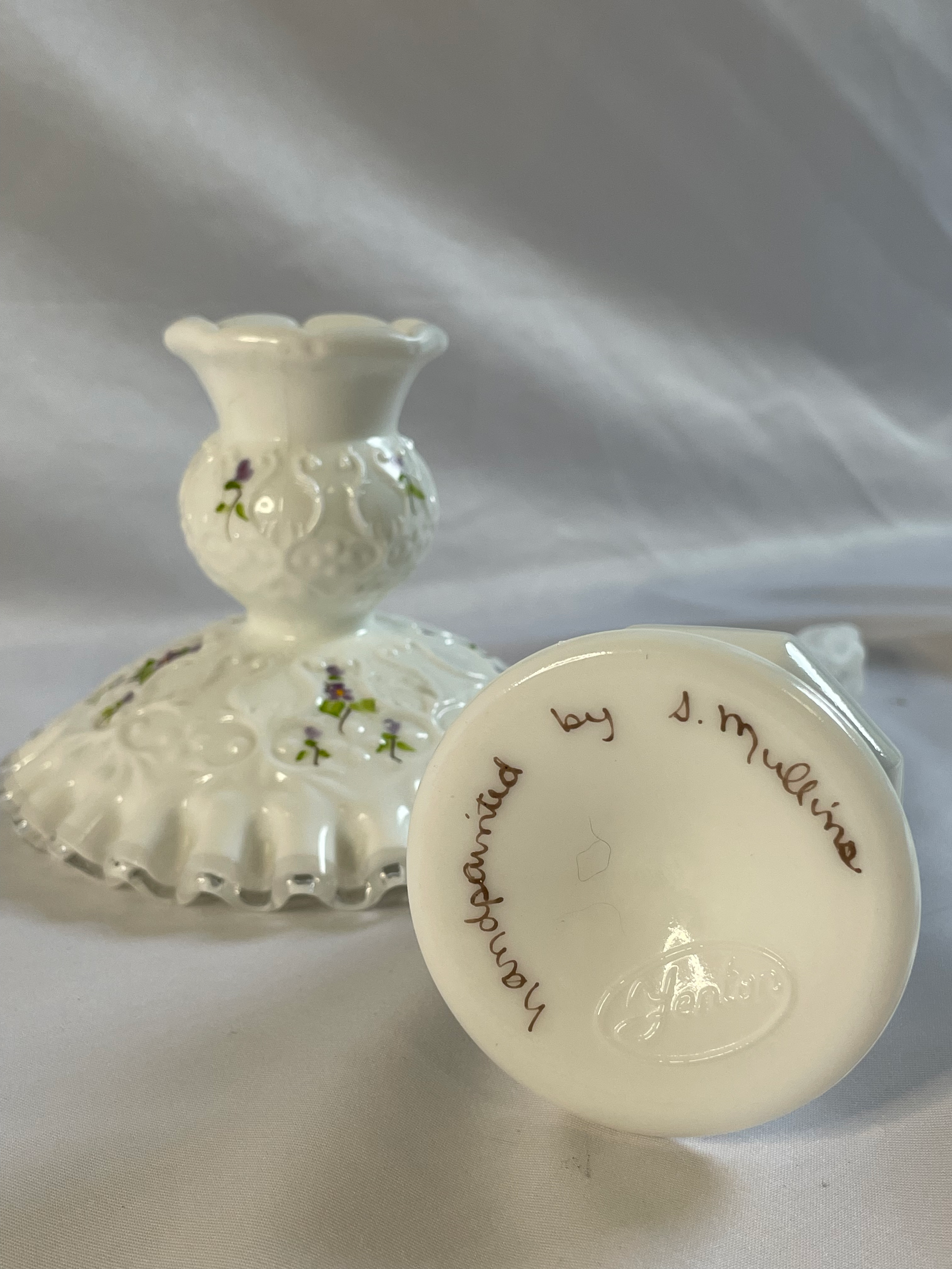Fenton Violet spanish lace candle holder and bud vase- hand painted