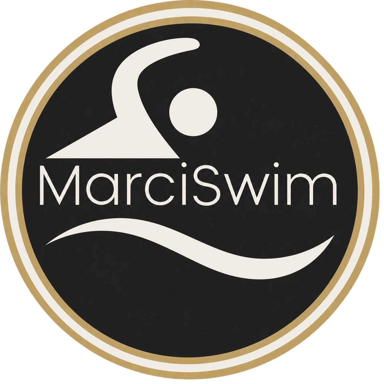 MarciSwim client logo in a charcoal, ivory and champagne colorway