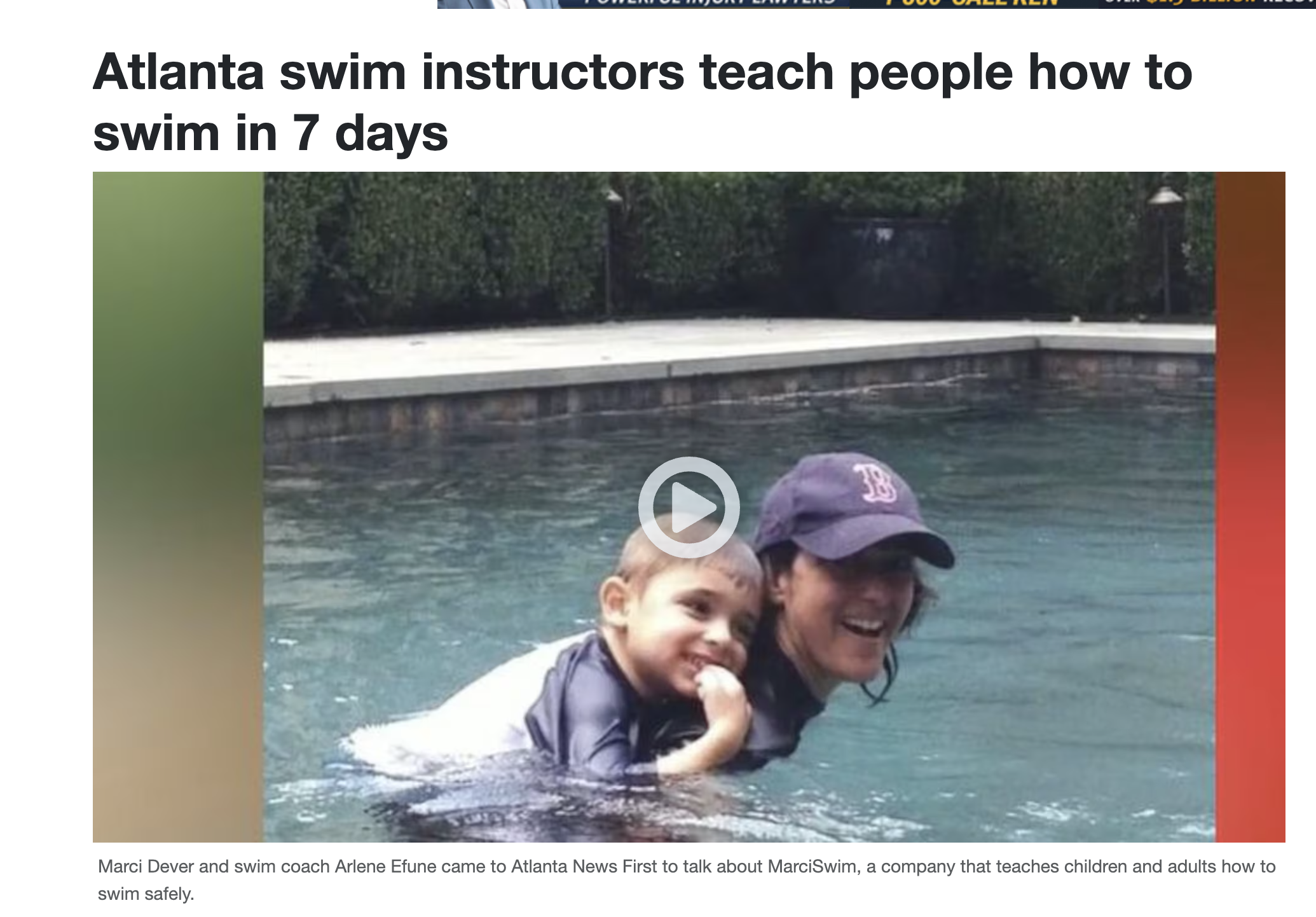 Screenshot of the Atlanta News First article featuring MarciSwim and its swim-safety instruction