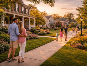 yper-realistic professional real estate photography, high-end DSLR camera, natural lighting, perfect exposure, photorealistic: Wide shot capturing the charm of Woodbridge, Virginia, during golden hour. The scene showcases quintessential suburban homes with brick facades surrounded by well-maintained gardens, lush trees, and a peaceful neighborhood ambiance. Bright sunlight casts comfortable warmth, highlighting the architectural features and inviting landscape. This picturesque setting reflects the community's appealing lifestyle and is perfect for a blog header. 