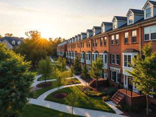 Hyper-realistic professional real estate photography, high-end DSLR camera, natural lighting, perfect exposure, photorealistic: A captivating wide shot of a picturesque neighborhood in Arlington, VA, showcasing elegant townhomes surrounded by lush, green parks. The golden hour sunlight bathes the scene, lending warmth to the charming architecture unique to the area. A clear blue sky punctuates the background, creating a serene atmosphere perfect for first-time home buyers to envision their future here. NO text or signage.