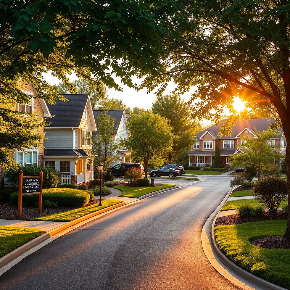 Hyper-realistic professional real estate photography, high-end DSLR camera, natural lighting, perfect exposure, photorealistic: A wide establishing shot showcasing the aesthetic charm of Woodbridge, Virginia, featuring traditional and contemporary architecture in a suburban setting. Lush greenery envelops the homes, suited to a vibrant community lifestyle. The golden hour sun casts a warm glow, creating inviting shadows and emphasizing the textures of the properties. This image captures the essence of family life and neighborhood connectivity in Woodbridge. NO text, signs, billboards, or readable words.