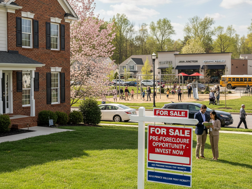 Investor reviewing pre-foreclosure property checklist and neighborhood data in Woodbridge, Virginia, evaluating equity, liens, and resale potential.