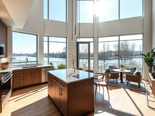 natural lighting, perfect exposure, photorealistic: Interior wide-angle shot of a modern townhome kitchen and living area in Belmont Bay, Woodbridge. Bright natural daylight streams through large contemporary windows revealing river or waterfront views in the background. The kitchen features contemporary cabinetry, granite or quartz countertops, stainless steel appliances, and light wood or tile flooring. Living area shows comfortable seating arrangement with warm neutral tones. Large windows frame views of mature trees and water features beyond, suggesting the proximity to Occoquan River and waterfront location. Professional staging with modern furnishings appeals to young families and first-time buyers seeking lifestyle amenities. Neutral color palette with warm accents. No visible text, signs, or readable words anywhere. Perfect exposure captures both interior details and exterior landscape beyond windows, emphasizing the lifestyle appeal that justifies Belmont Bay's community value