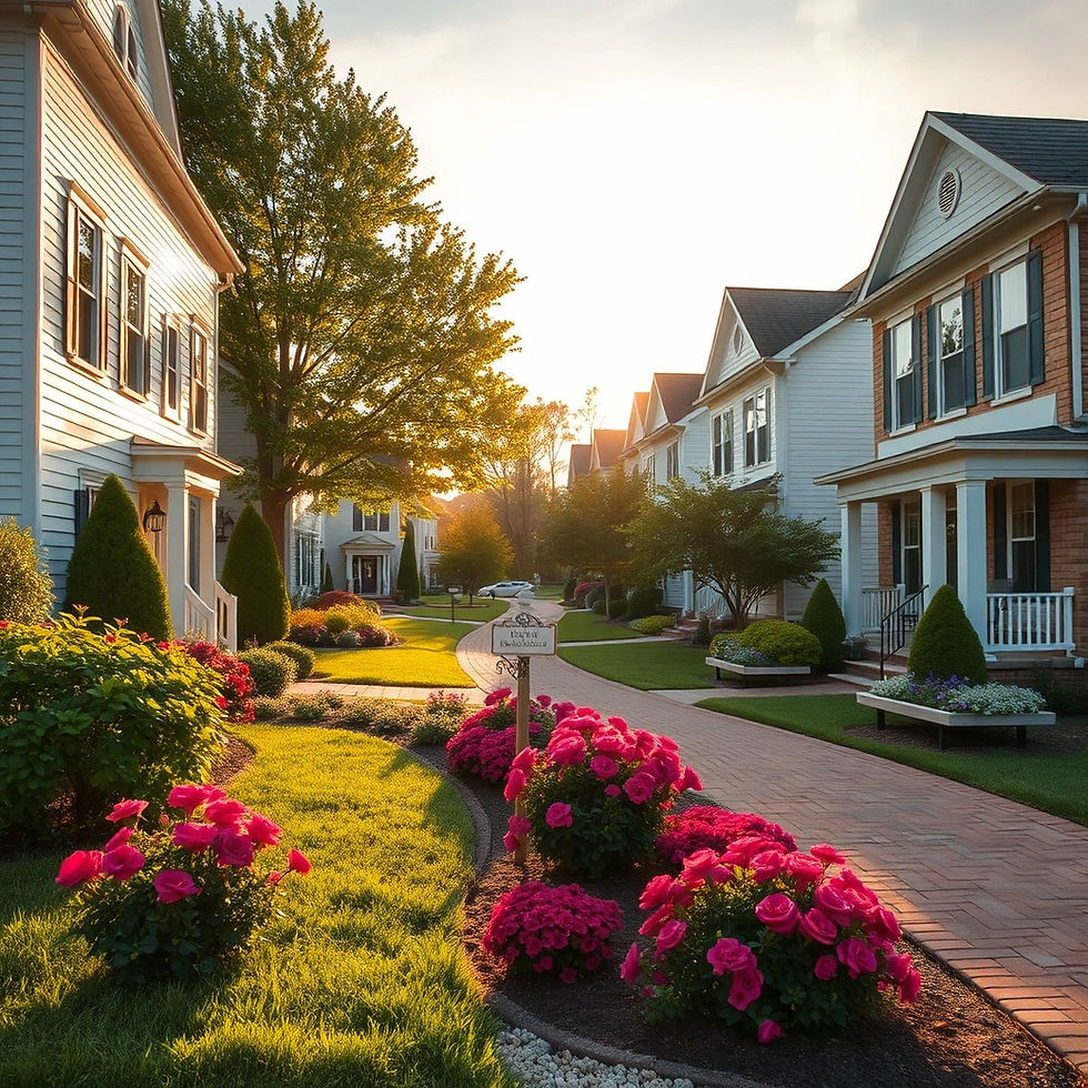 professional real estate photography, high-end DSLR camera, natural lighting, perfect exposure, photorealistic: A wide establishing shot of a charming residential neighborhood in Arlington, VA at golden hour, showcasing elegant colonial-style homes with lush green lawns and blooming flower gardens. The sunlight bathes the scene in warm tones, highlighting the area’s inviting atmosphere, perfect for first-time home buyers interested in community living. NO text, signs, or readable words anywhere.