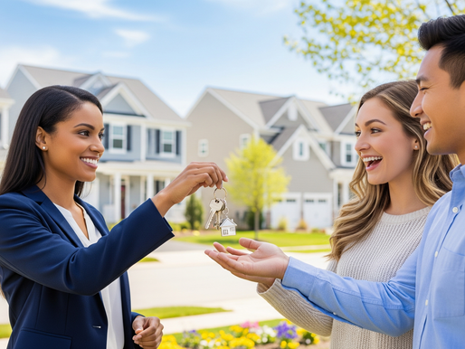 An inviting and sunny street in Woodbridge VA with new homes, showcasing the potential for first-time buyers in the area. Highlight the community vibe appealing to new homebuyers.