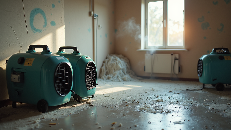 High angle view of air movers and dehumidifiers drying a water-damaged room