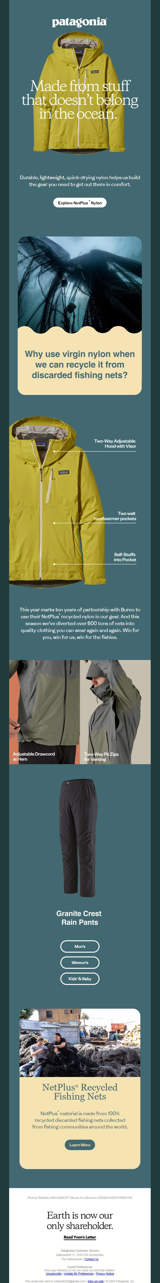 Patagonia email highlighting jackets made from recycled fishing nets. Features jackets, trousers, and ocean scene; text mentions eco-friendly material.