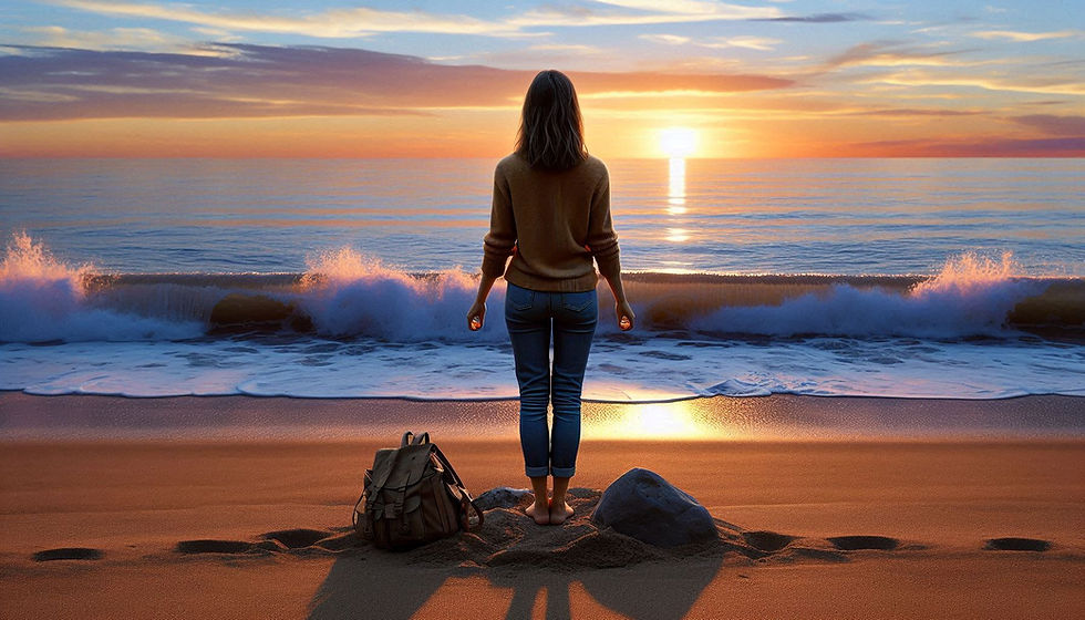 Woman stands barefoot on sandy beach, facing sunset over ocean waves. Backpack on sand. Sky is colorful, creating serene mood.