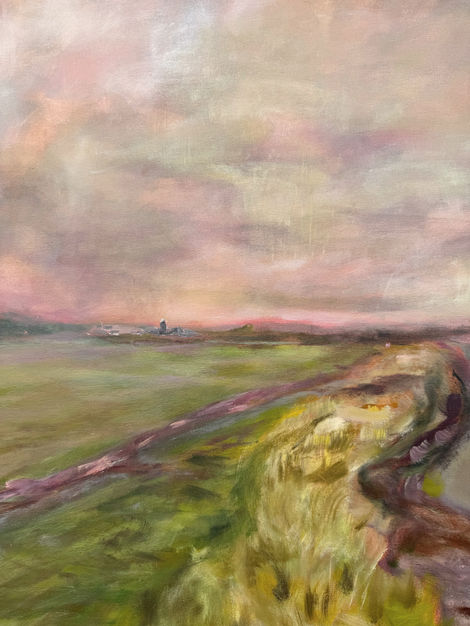 a painting of a field with a pink sky in the background