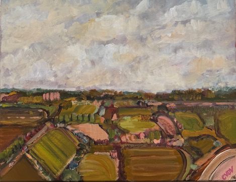 a painting of a landscape with a cloudy sky