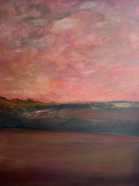 a painting of a sunset over a body of water