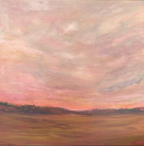 a landscape painting of a field with a pink sky