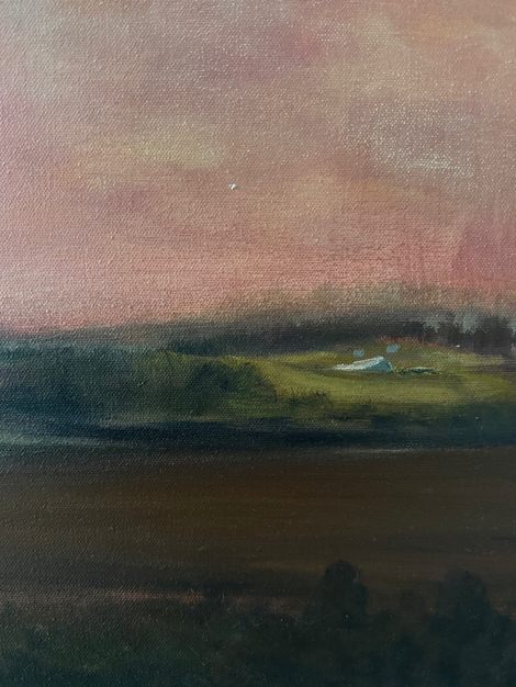 a painting of a field with a pink sky in the background