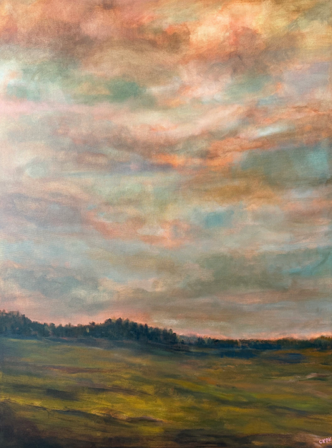 a painting of a cloudy sky with trees in the foreground