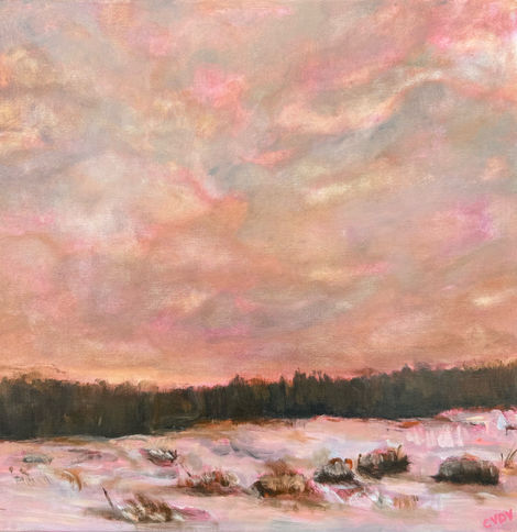 a painting of a snowy field with a pink sky