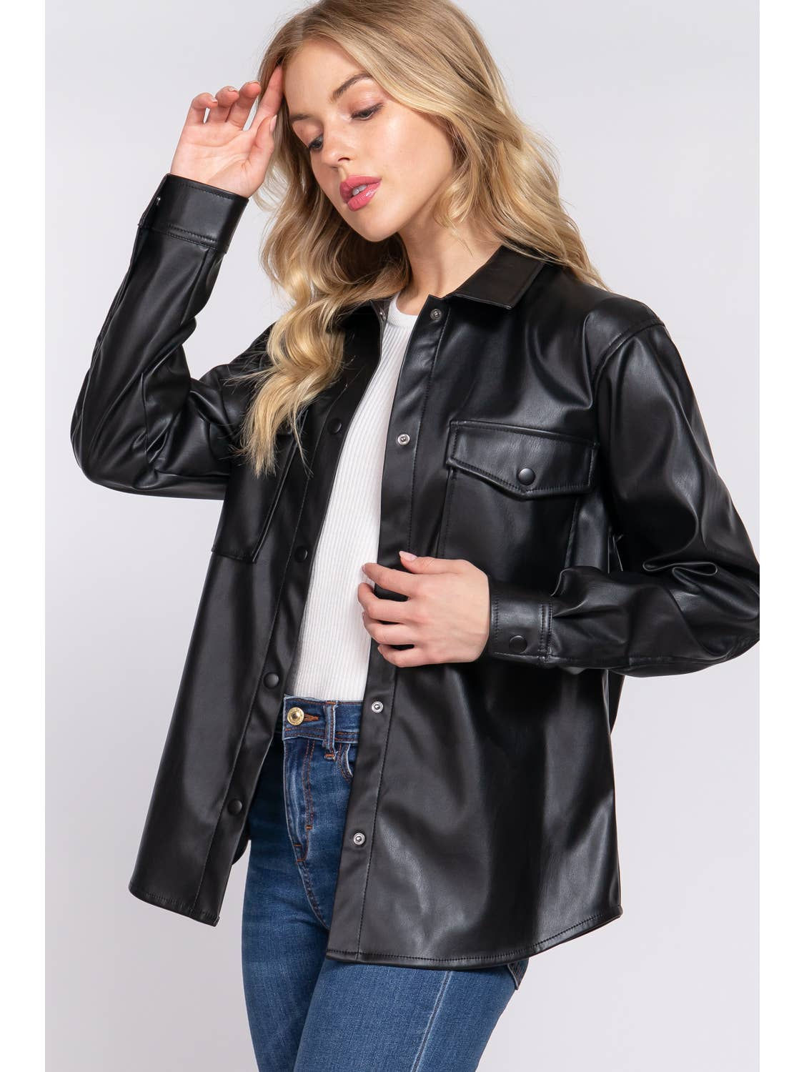 Daphne Vegan Leather Shacket w/ Snap Buttons