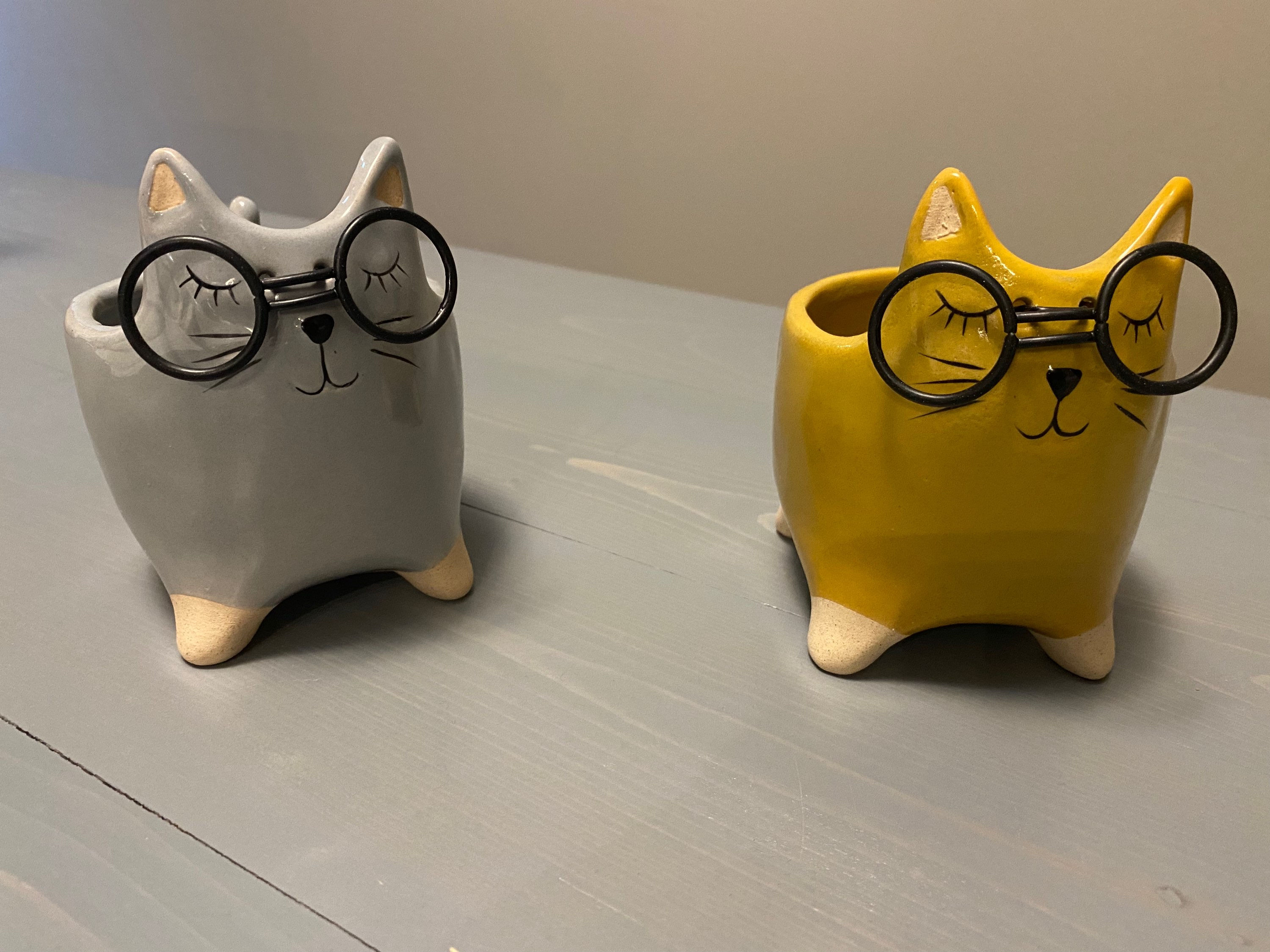 Cat Ceramic planter in mustard or grey