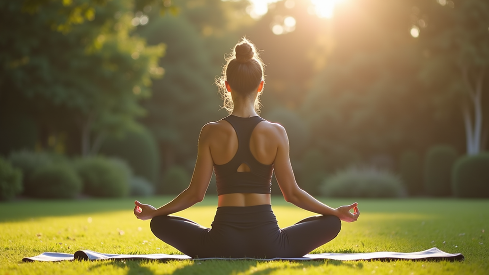 Personne en posture de yoga doux dans un jardin paisible, entourée de verdure
