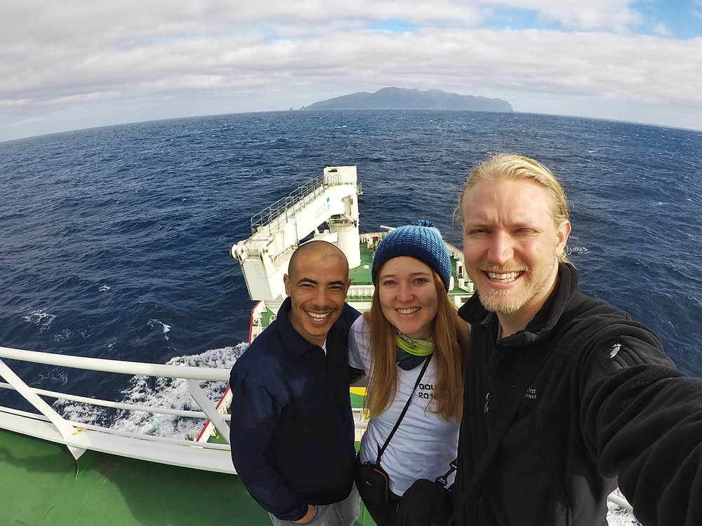 (left-right) Alexis, Michelle and Chris - the Gough 64 team - approaching Gough Island on the SA Aghullas II (C.Jones)