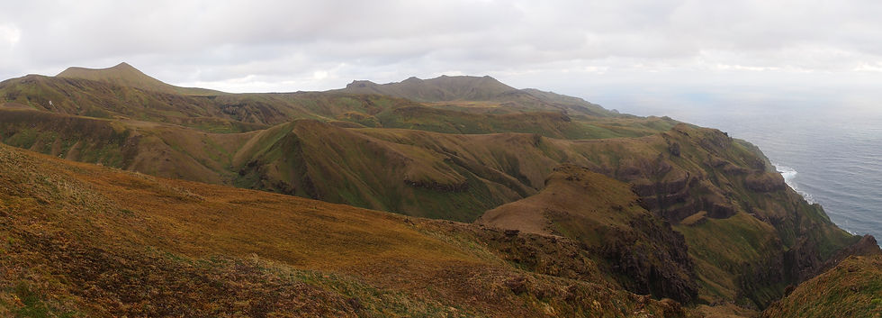 The view from False Peak - a lot of ground to cover. Edinburgh Peak, Gough Island’s highest point, is on the left (Kate Lawrence)