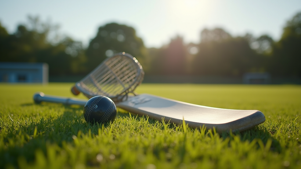 Eye-level view of cricket equipment laid out on a grass field
