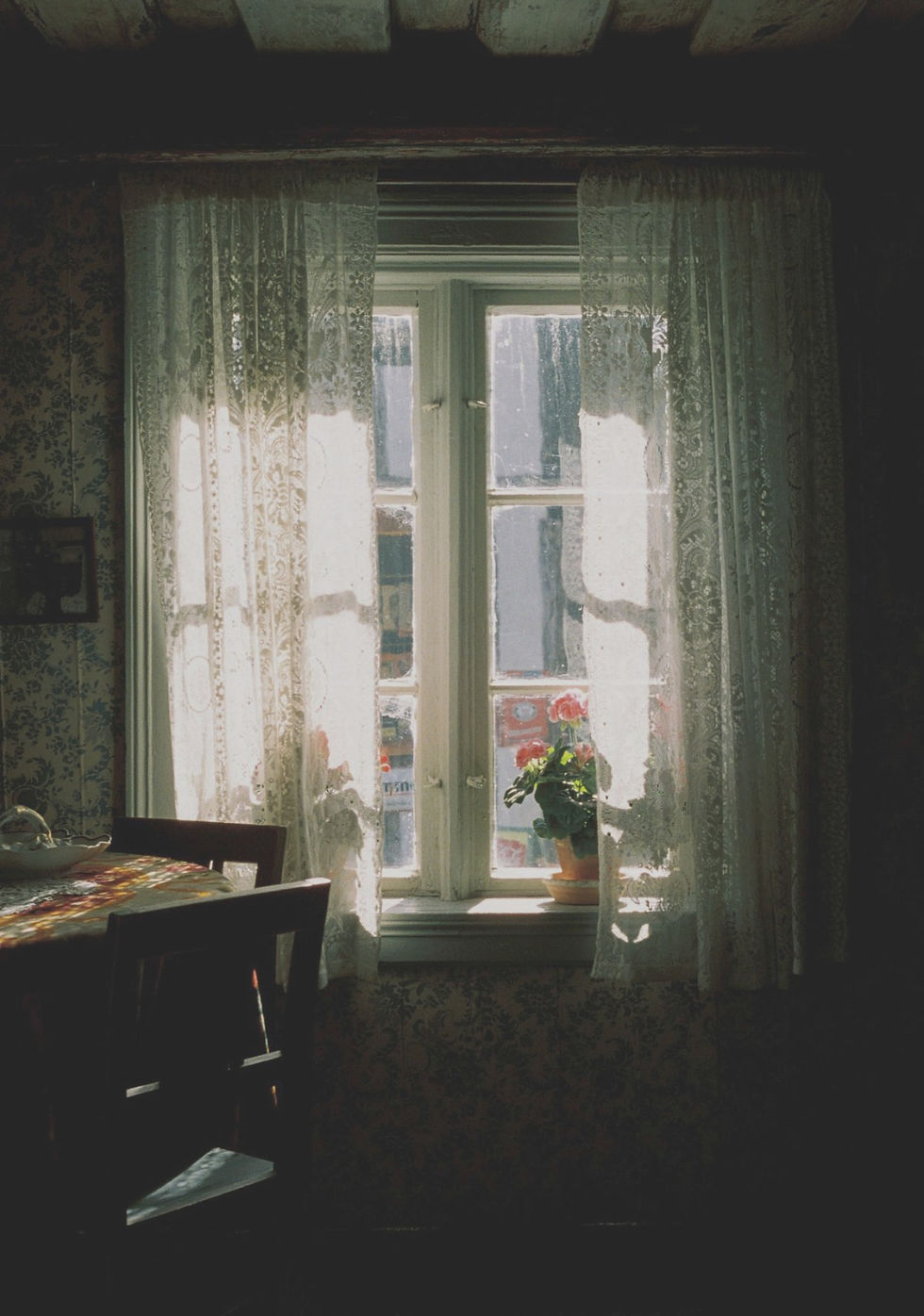 Sunlight streaming through lace curtains onto a peaceful home window with a flowering plant, reflecting the beauty of creating a peaceful life.
