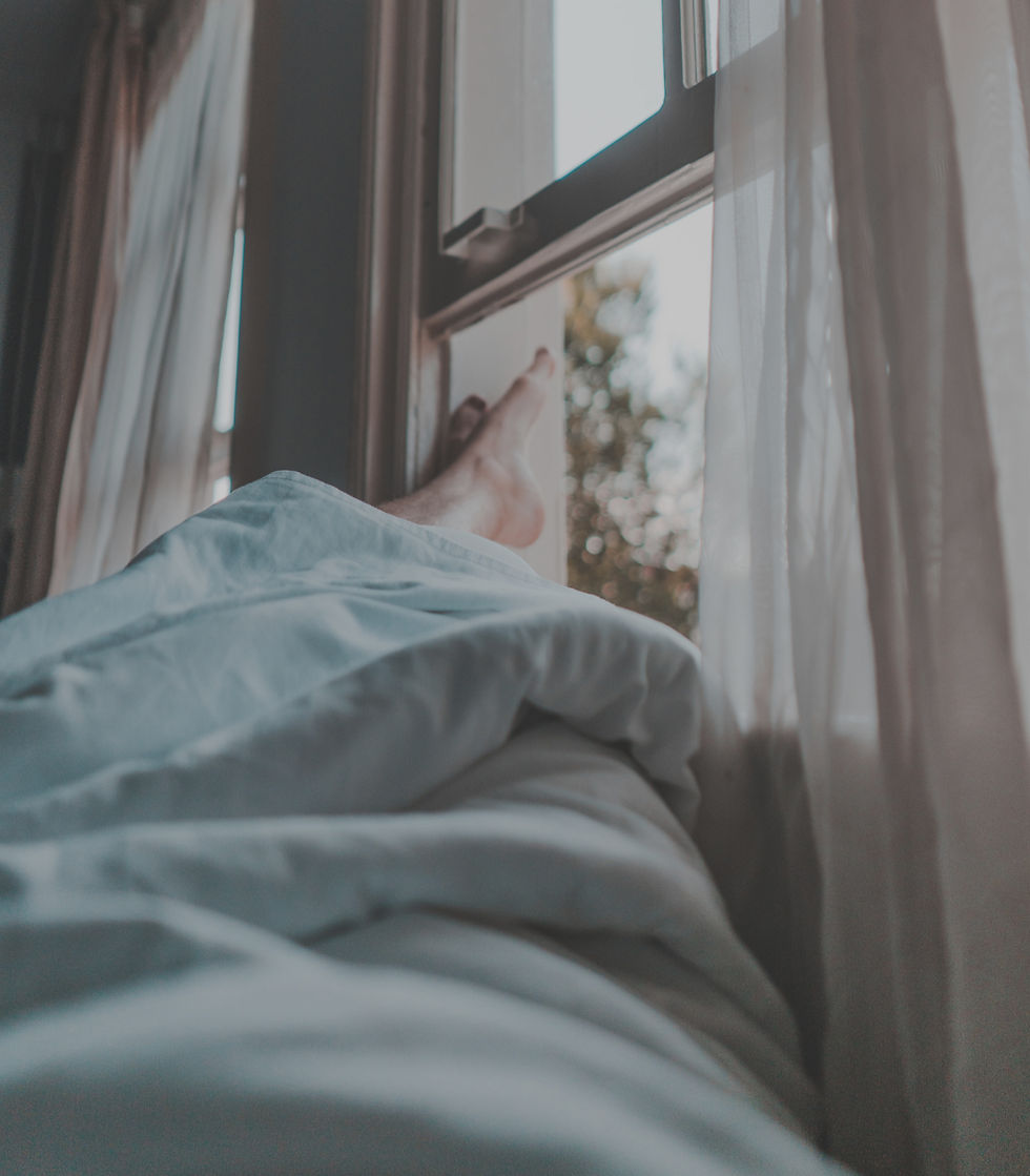 Freshly made bed with soft bedding near a bright window in a peaceful bedroom.