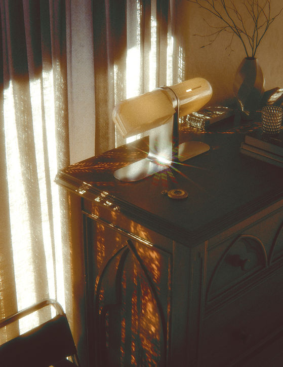Sunlit vintage desk with a modern table lamp, books, and warm natural light creating a calm, inviting workspace.