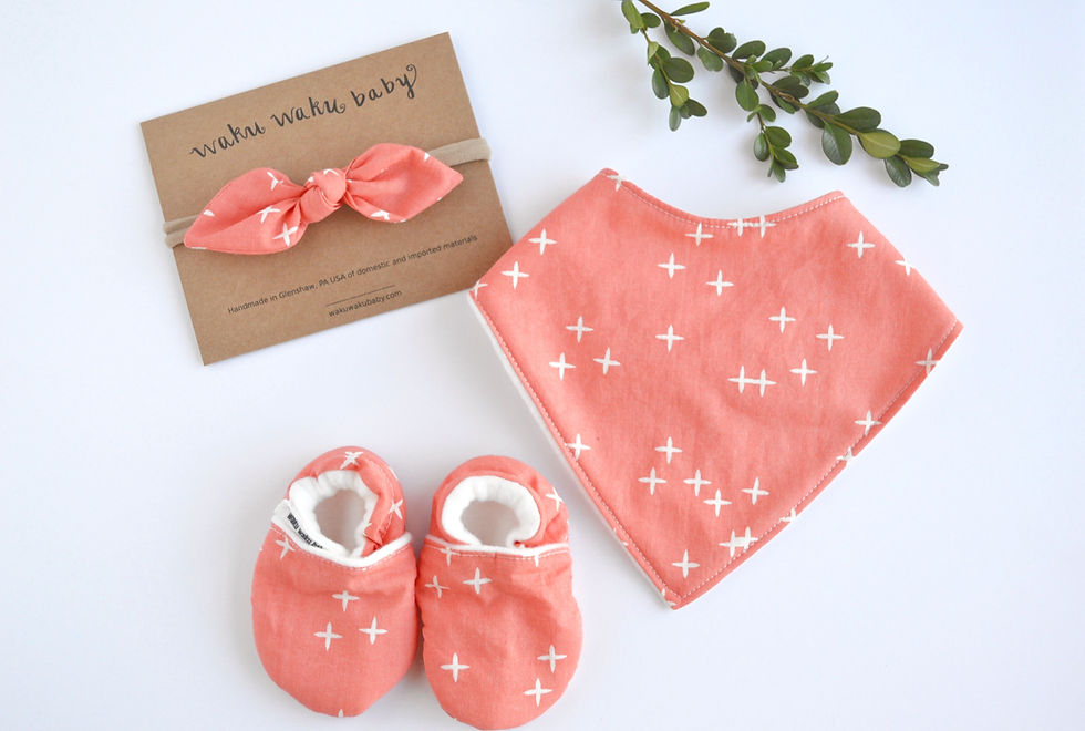 Thumbnail: Organic cotton hair bow in coral with bib and shoes