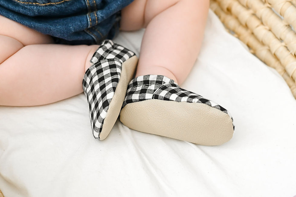 Thumbnail: black and white baby shoes on baby sitting