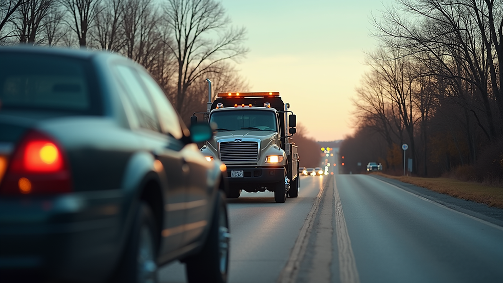 Eye-level view of a tow truck assisting a car on a roadside in Knoxville