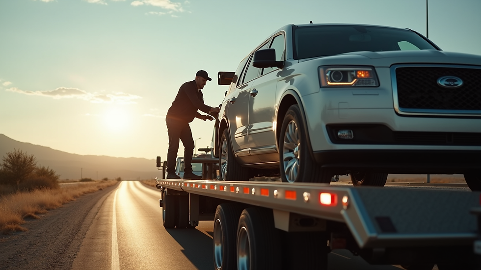 Close-up view of a tow truck driver securing a vehicle on the flatbed