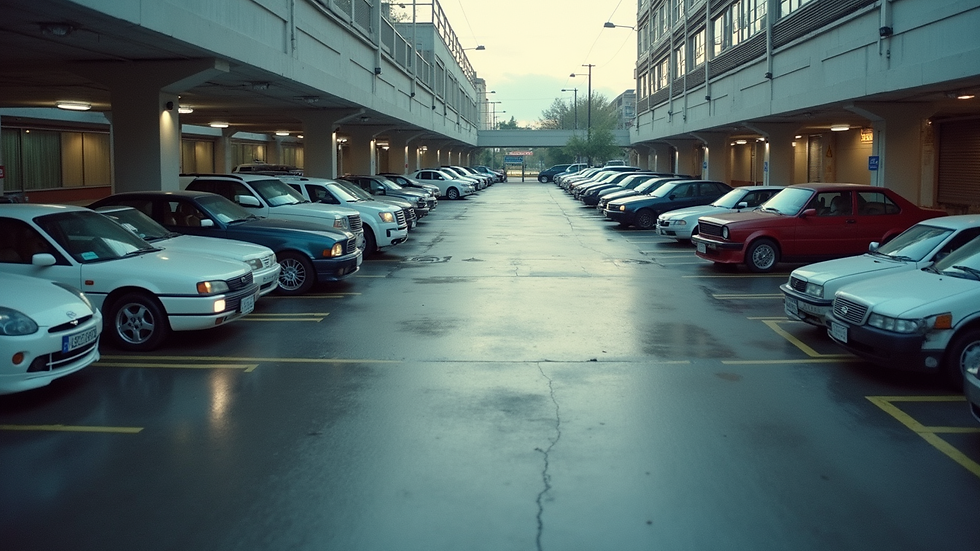 High angle view of parking lot with cars and LPR cameras installed