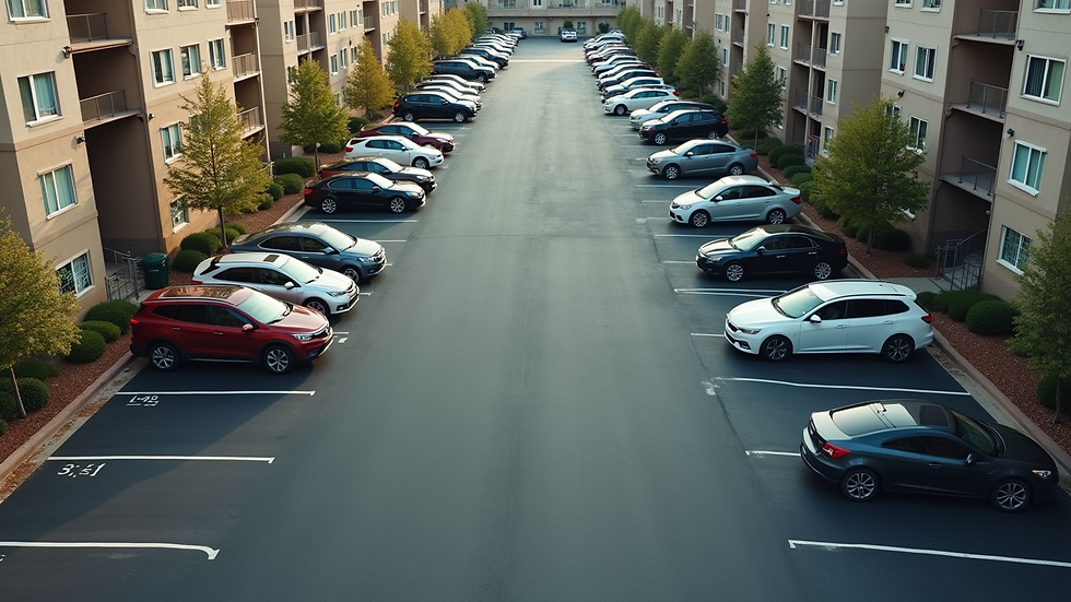 High angle view of a multi-family residential parking lot with designated spaces