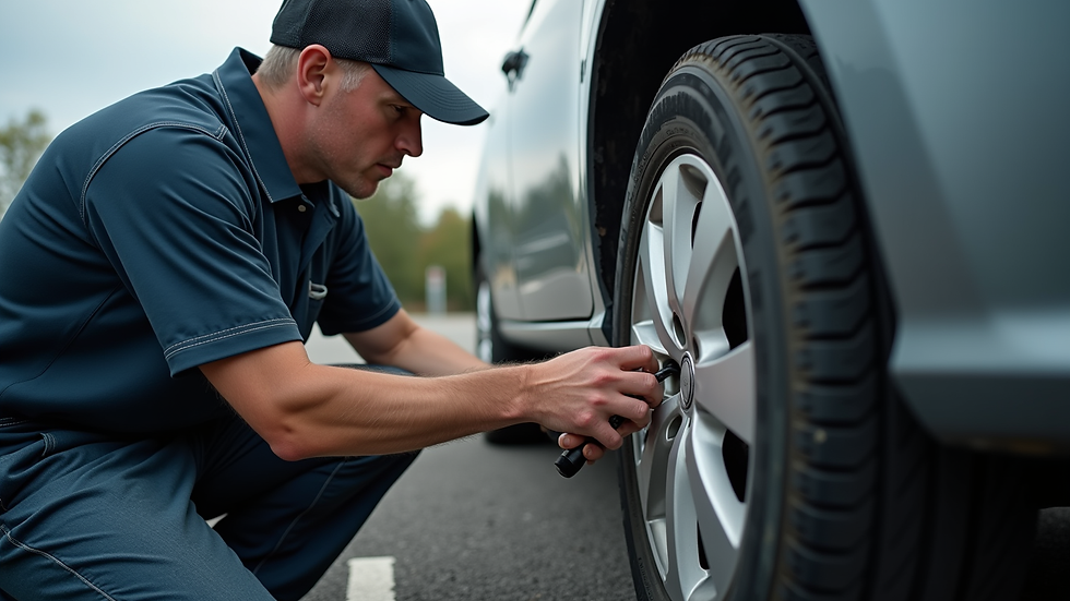 Close-up view of a roadside assistance technician changing a tire on a car