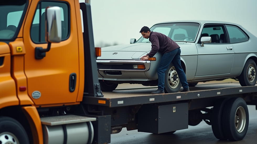 Close-up view of a tow truck driver securing a car on a flatbed