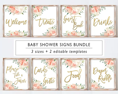 Baby Shower Signage Set Printable Peach Gold Website
